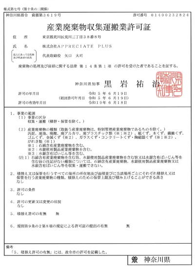 産業廃棄物収集運搬業許可証