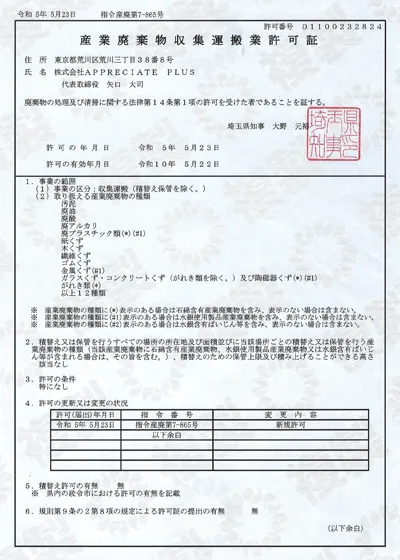産業廃棄物収集運搬業許可証